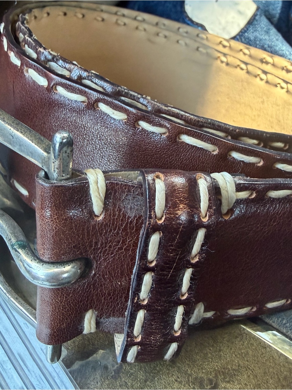 Banana Republic Italian Leather Belt Silver Horseshoe Buckle Contrast Stitch M